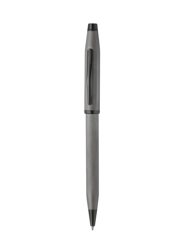 Slate gray ballpoint pen with engraved diamond grip and black barrel top