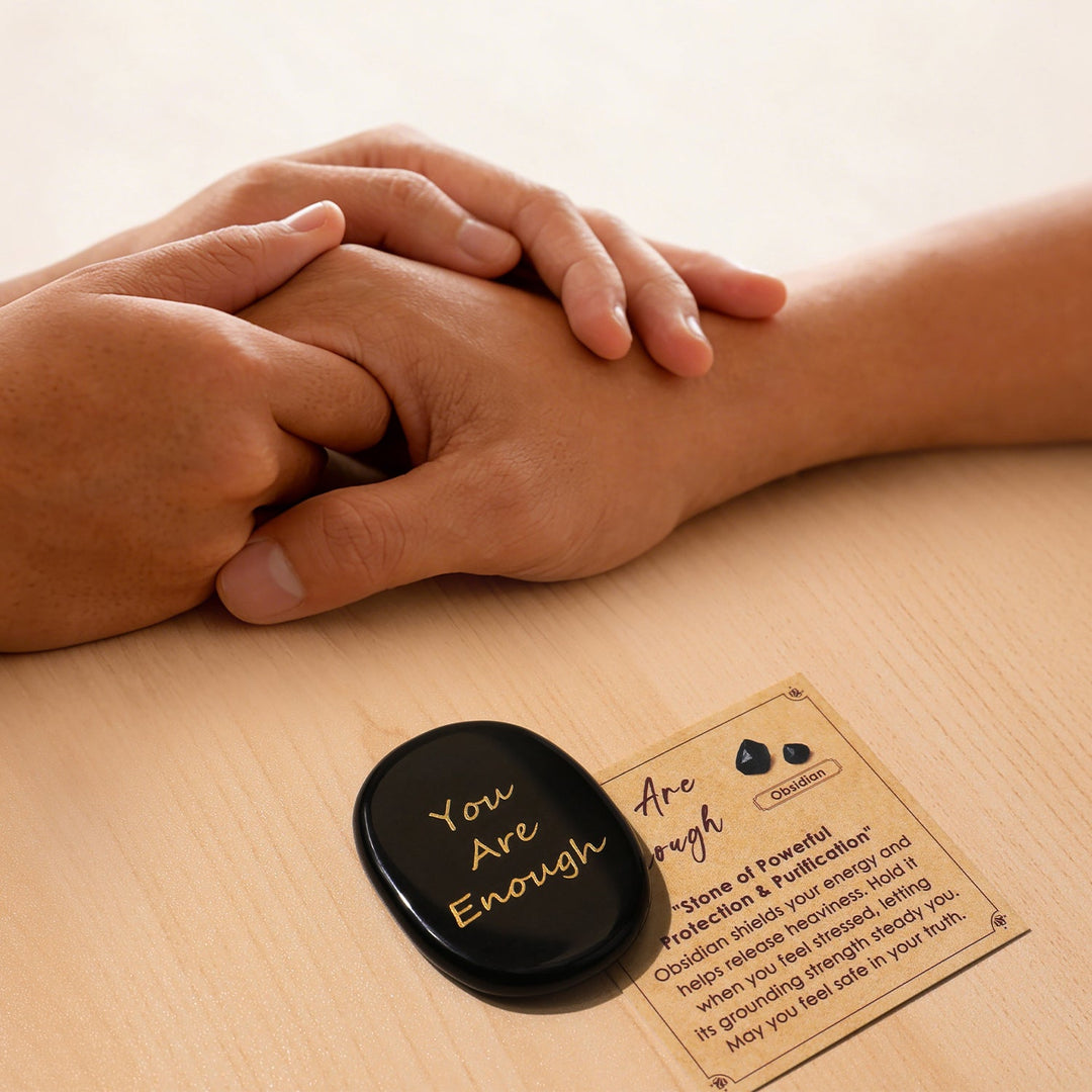 Obsidian pocket crystal stone with “You Are Enough” text, round black cabochon and card