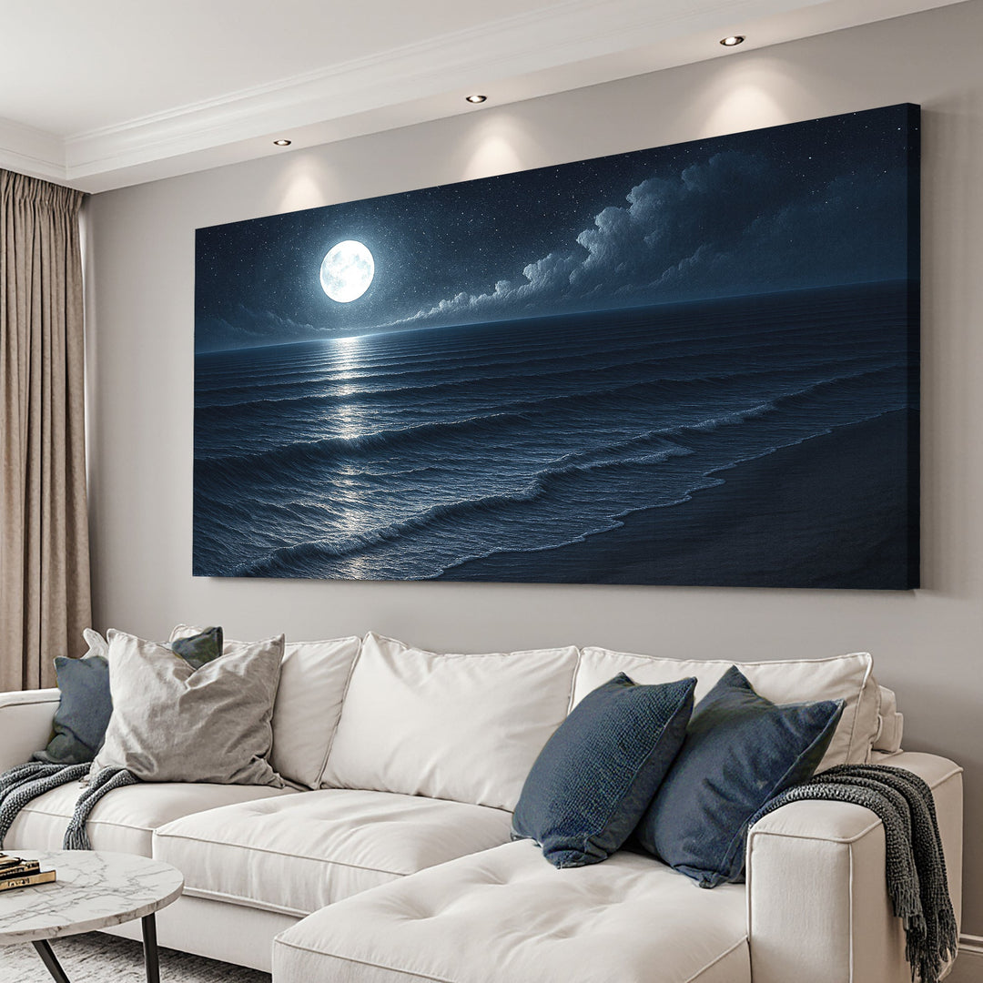 Moonlit ocean landscape canvas with full moon above shoreline waves