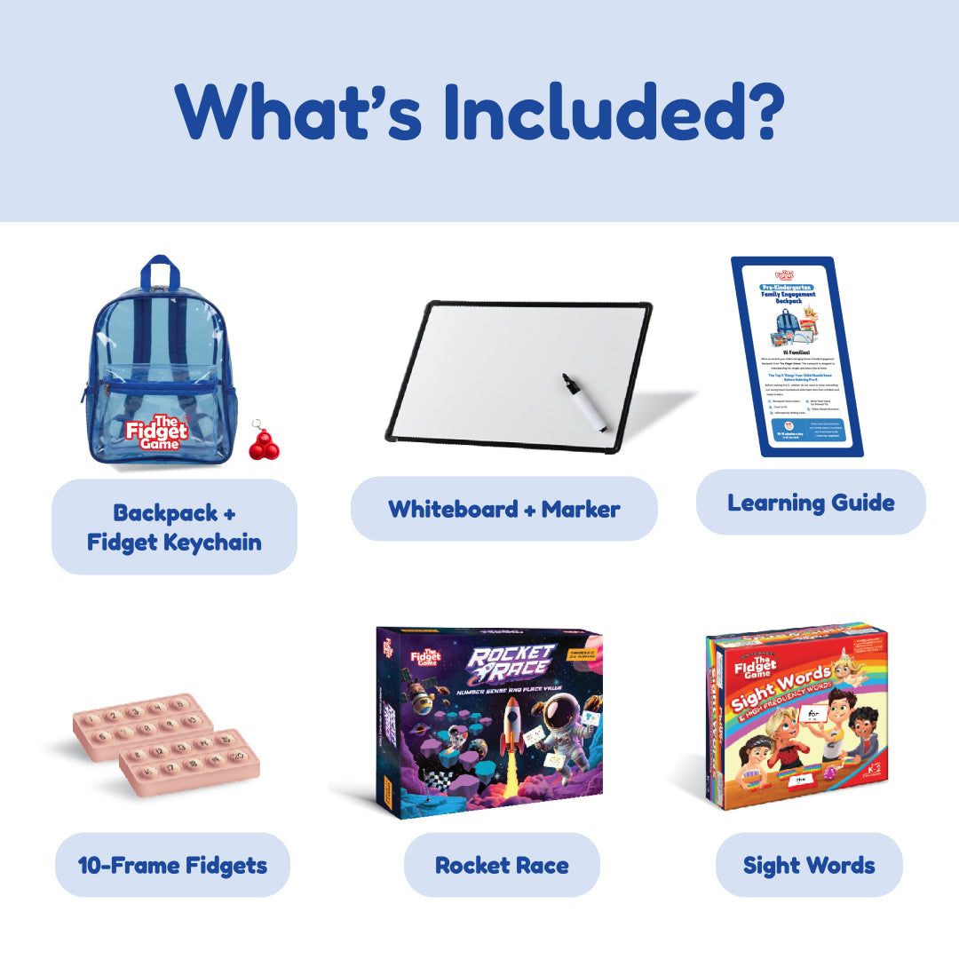 Learning readiness kit pictured: backpack, keychain, whiteboard and marker, guide, games