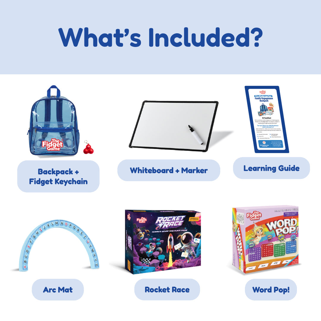 Blue learning backpack plus whiteboard, arc mat, rocket race and word pop boxed sets