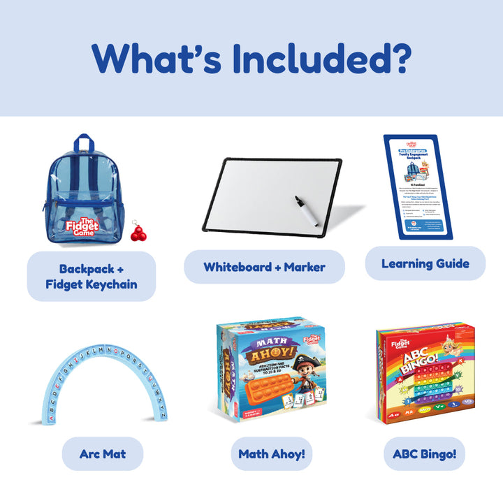 Kids backpack bundle with whiteboard, marker, arc mat, and math/ABC games