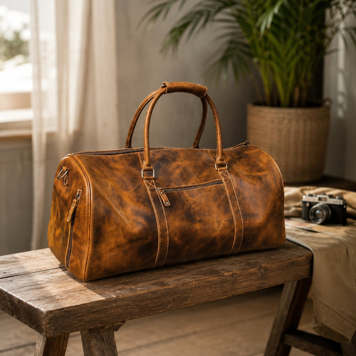 Brown leather duffel bag with top handles and side zip pocket