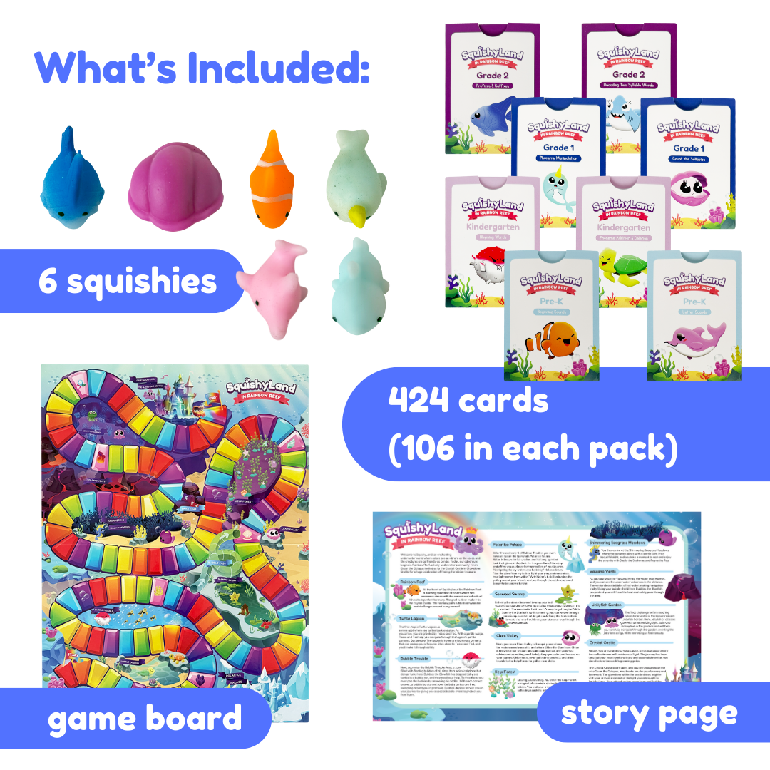 Squishyland kit contents: 6 squish characters, 424 cards, game board, story page.