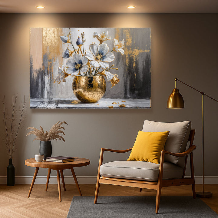 Abstract magnolia floral wall canvas with blue blossoms and gold vase, landscape view