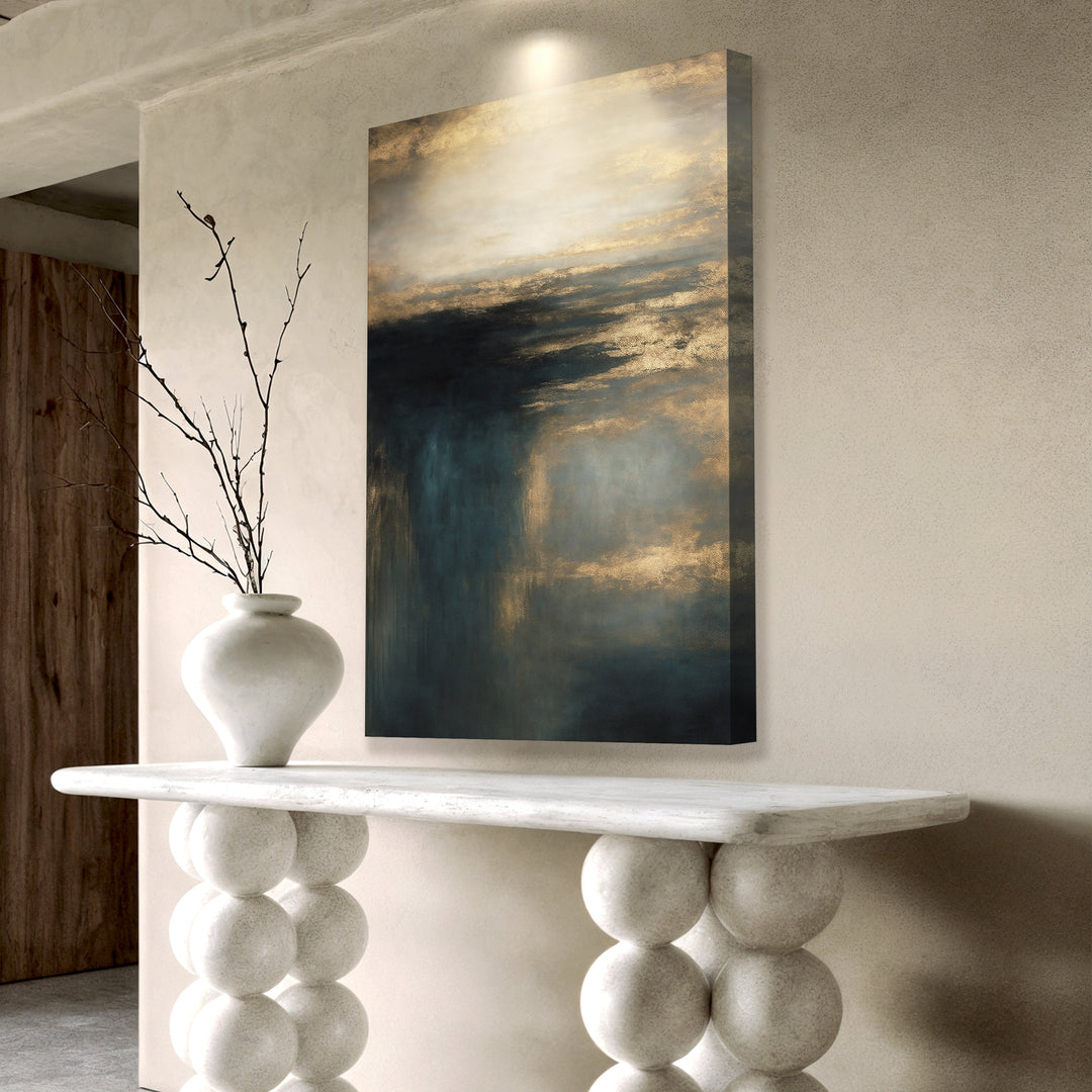 Vertical framed cloudscape wall art with golden sky and teal haze over dark clouds.