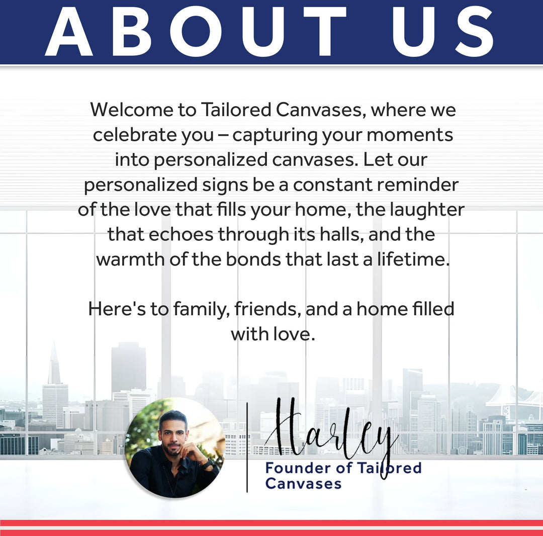 ABOUT US promotional banner for Tailored Canvases with founder portrait and city skyline.
