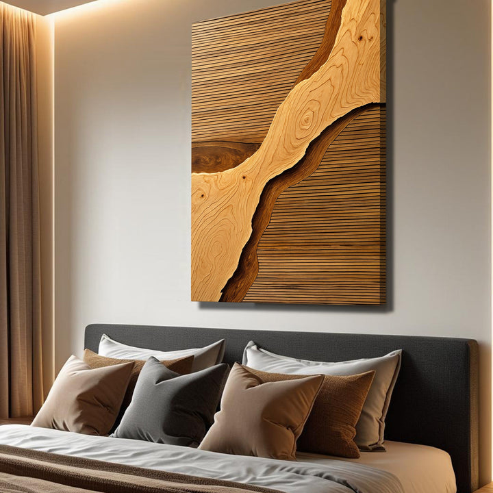Wood rift wall art landscape framed piece with rustic knot and striped grain