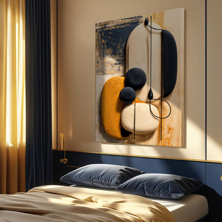 Abstract wall art canvas featuring cream, orange, and navy curved forms with black dots