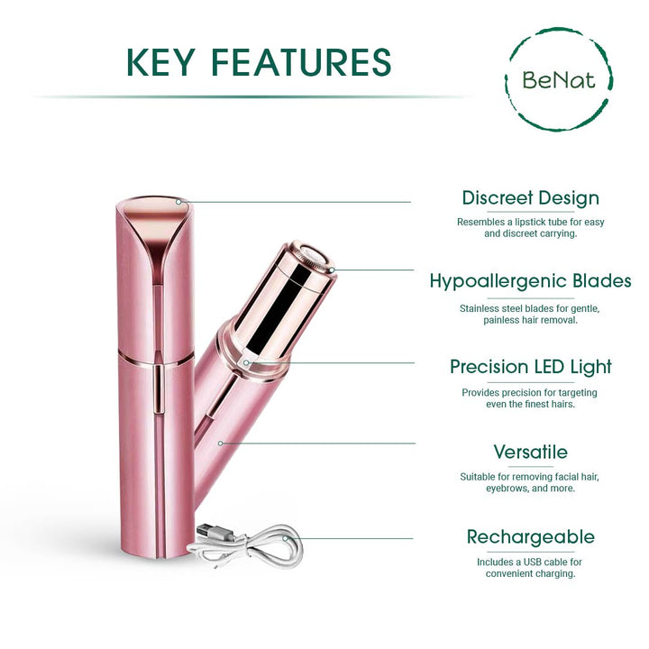 BeNAt facial hair remover showing LED light, hypoallergenic blades, and rechargeable design