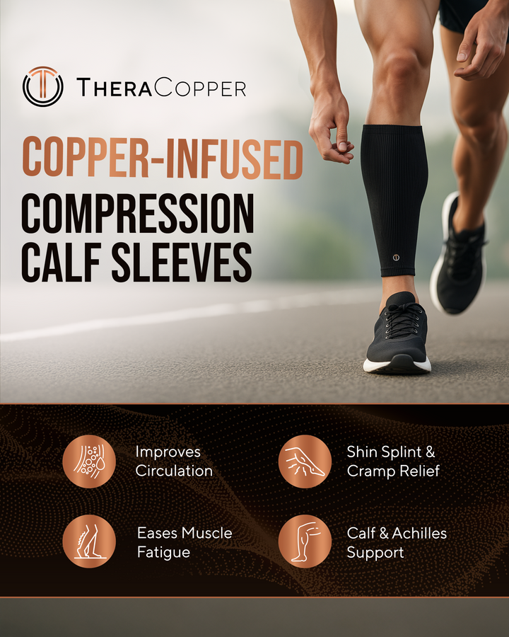 Black compression calf sleeves on runner calves with small logo patch