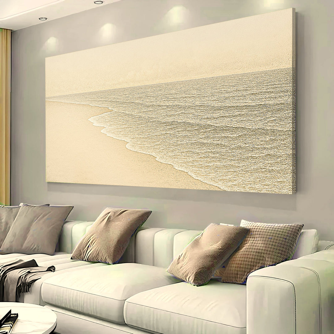 Framed beach shoreline canvas print with sandy shore and textured ocean water.
