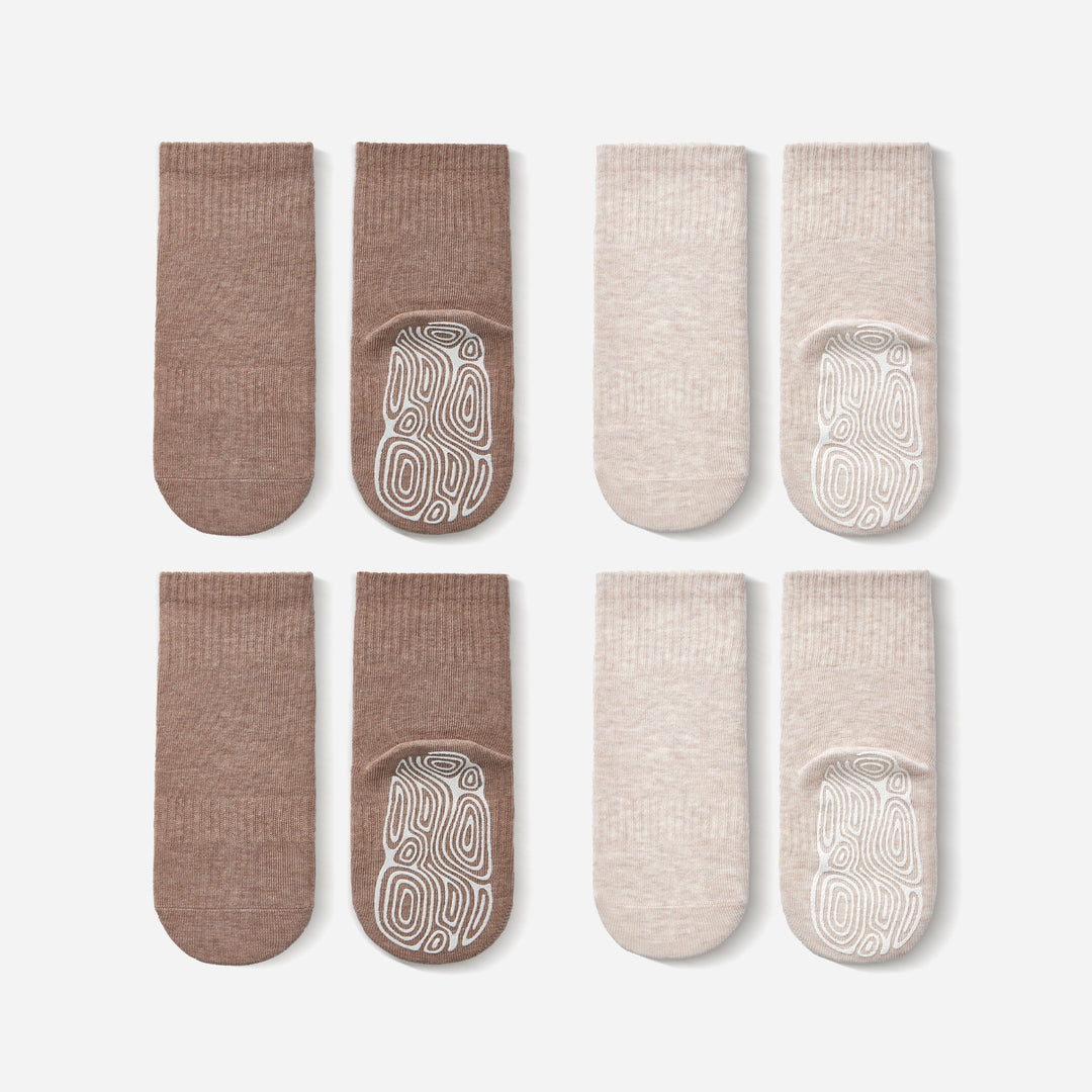 Set of baby and toddler stay-on socks in beige and brown, with non-slip patterned soles