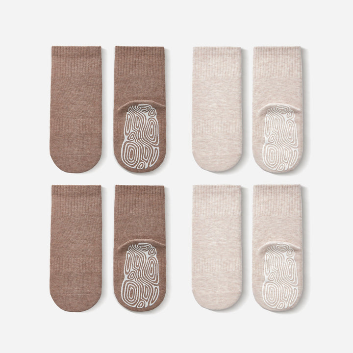 Set of baby and toddler stay-on socks in beige and brown, with non-slip patterned soles