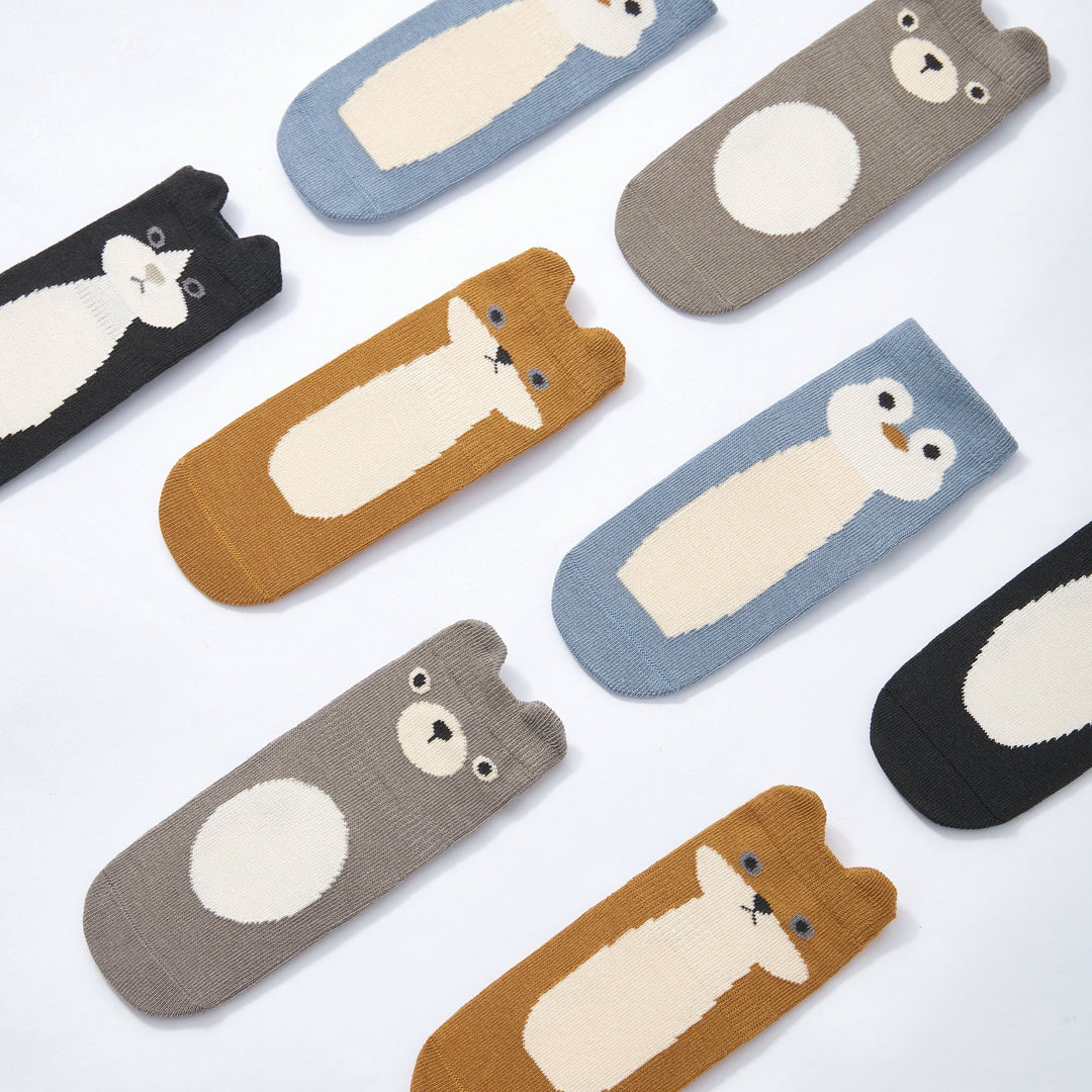 Animal face crew socks set for babies and toddlers, black, tan, gray, blue, rust