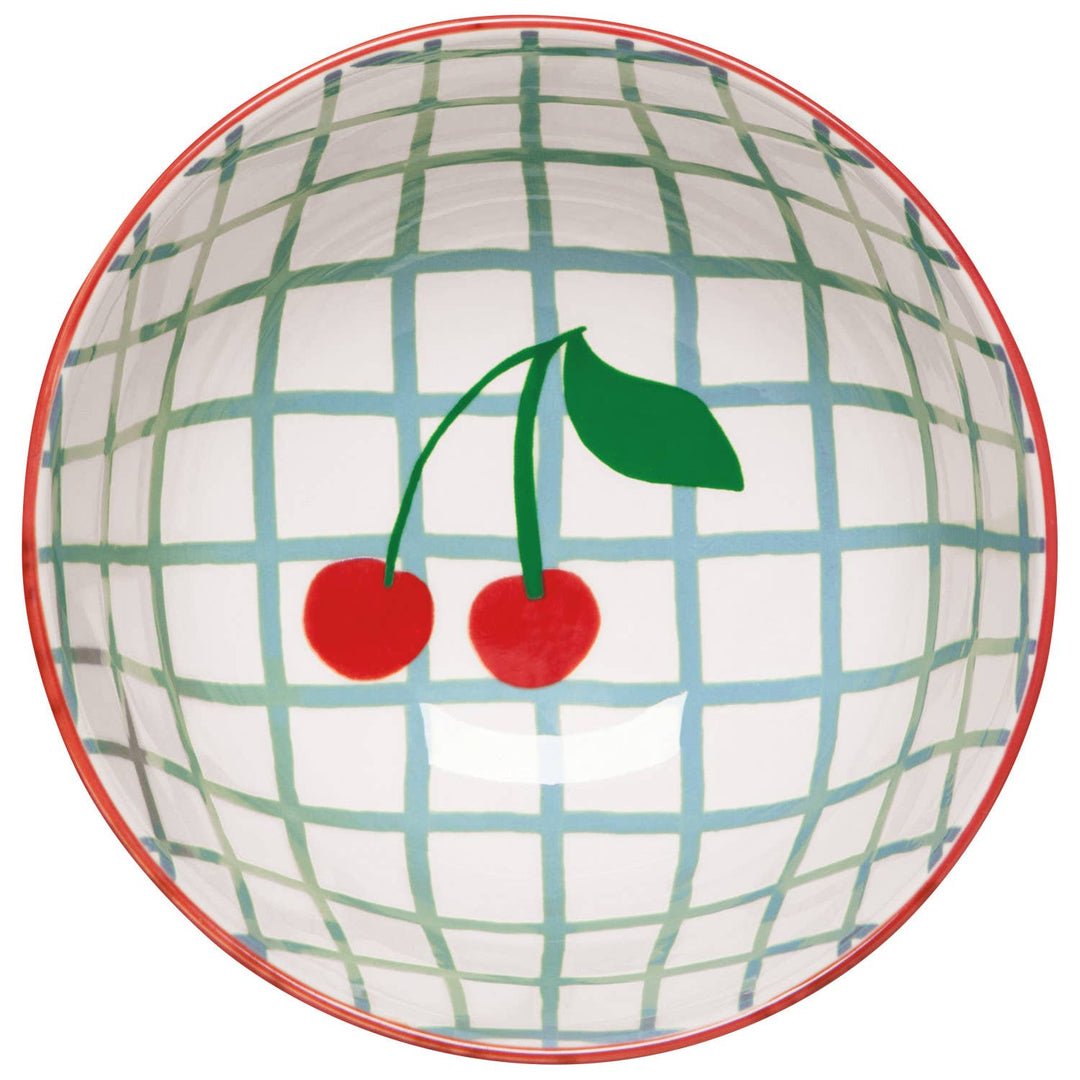 Blue plaid cherry bowl with orange cherries and green leaf motif on rim