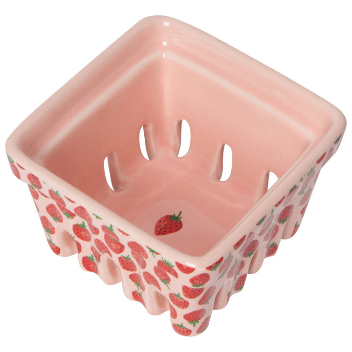 Strawberry-pattern square basket with hollow handholds, pink interior