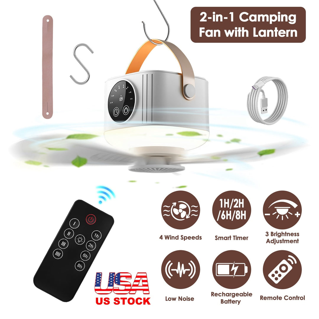 Camping fan with lantern, white fan head and orange handle, remote, hanging hook, and power cable