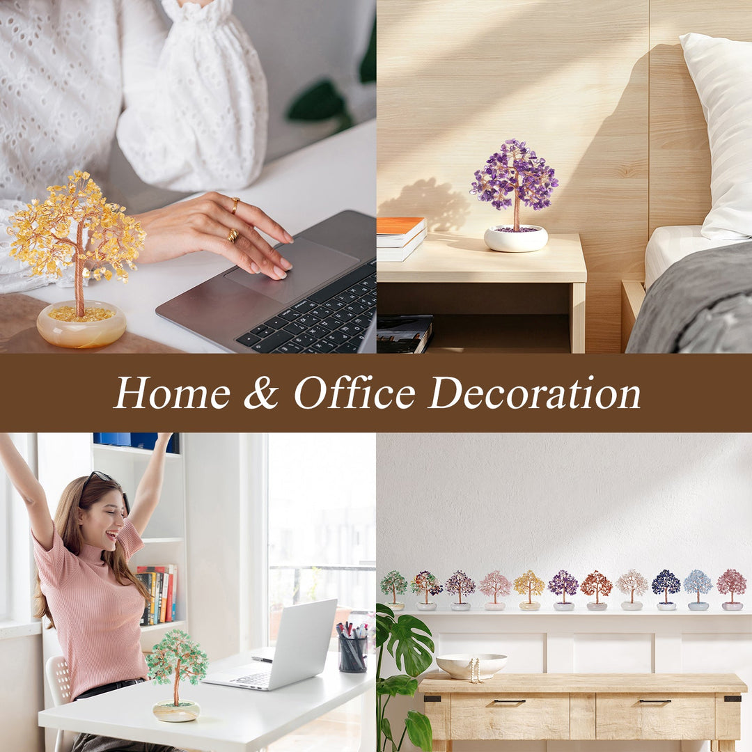Crystal gemstone trees displayed on home office desks with white bases