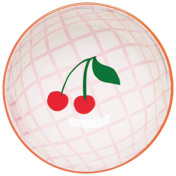Pink plaid cherry bowl with red cherries and green leaves