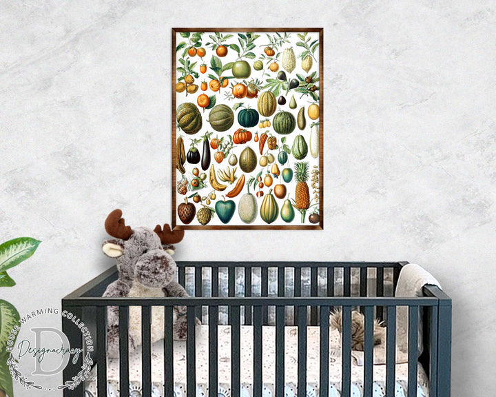 Square framed fruit-themed wooden kids poster with colorful illustrated fruit and leaves