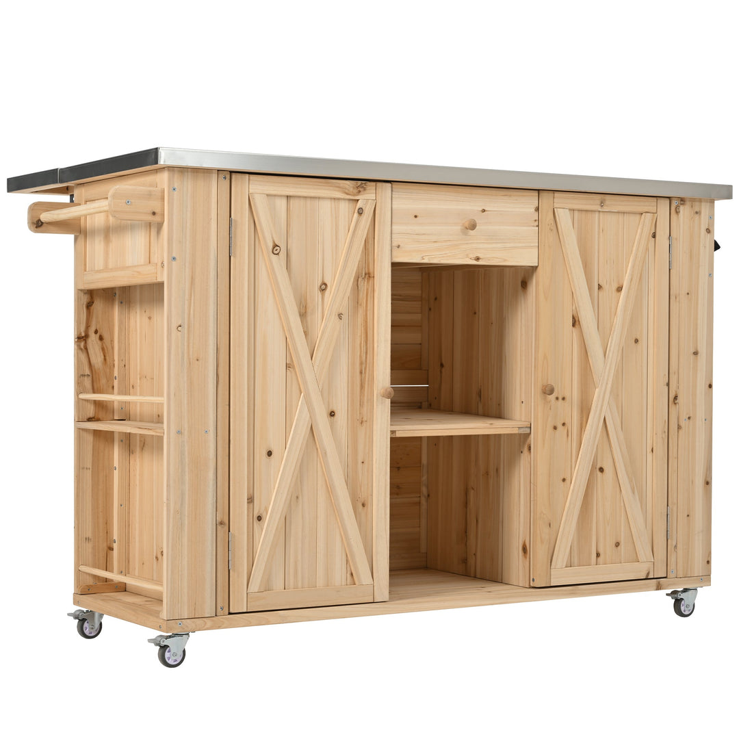 Fir Wood Kitchen Island with Stainless Steel Top