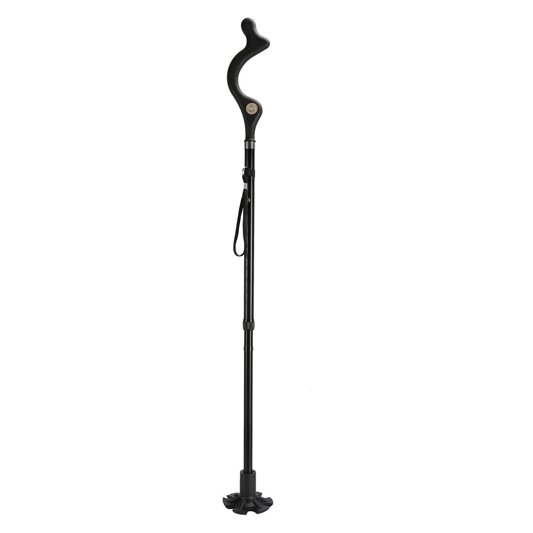 Black collapsible walking cane with curved ergonomic handle, wrist loop, and rubber tip