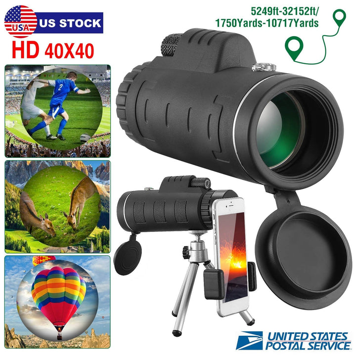 Black monocular telescope with tripod and smartphone holder, showing large objective lens.