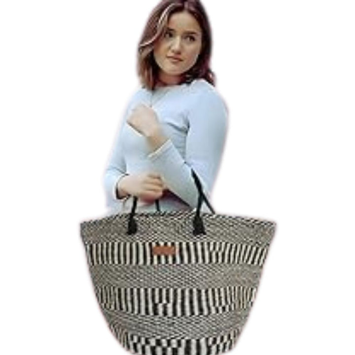 Balance Stripes Handmade Sisal Beach Market Sustainable Straw Basket Tote Bag