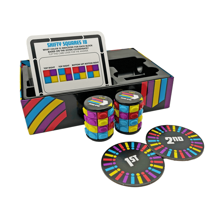 Fidget board game set with instruction display, stacked colored cubes, and round player discs