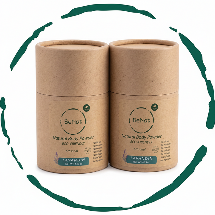 Two-pack of beige BeNat natural body powder canisters, LAVANDIN lavender scent.