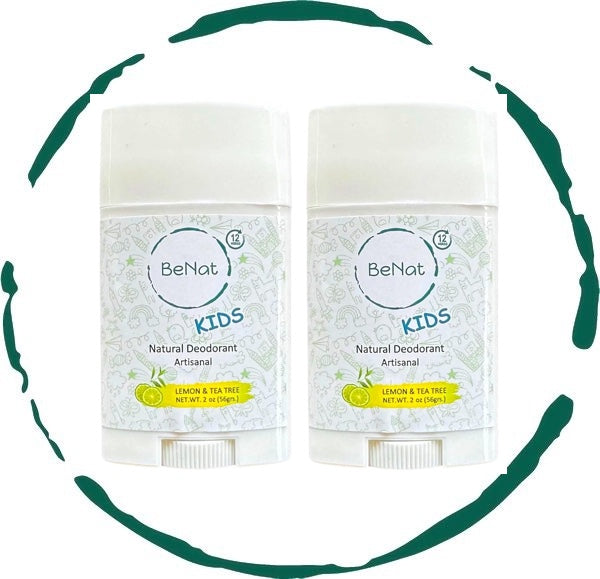 BeNat Kids natural deodorant 2-pack stick, white containers with lemon & tea tree