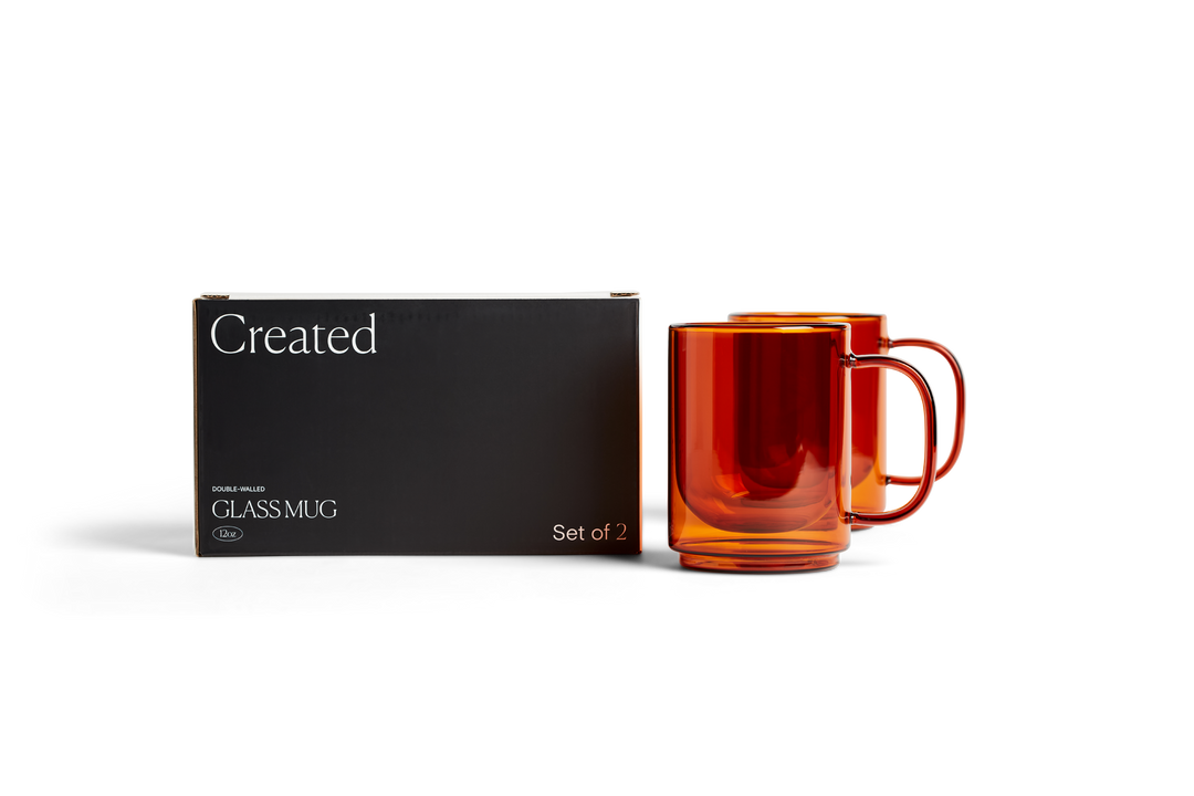 Amber glass mug set of 2 with packaging box, curved handles