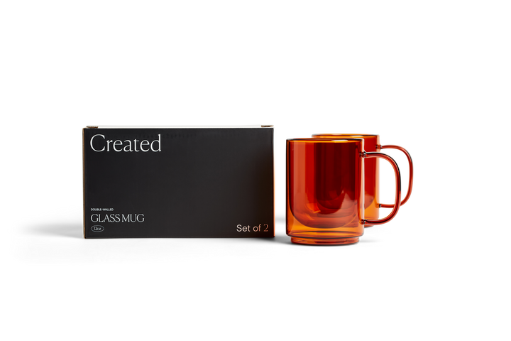 Amber glass mug set of 2 with packaging box, curved handles