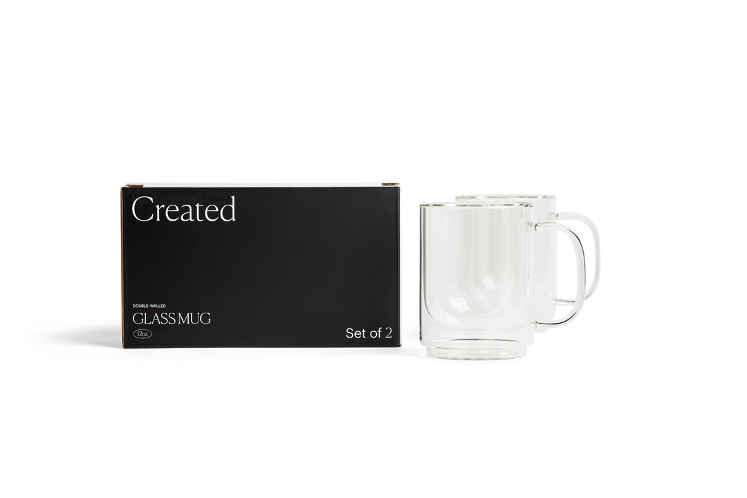 Clear glass mug set of 2 with box packaging, loop handle