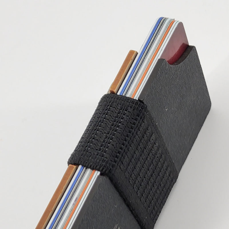 Minimalist wallet side view with black elastic strap and textured cover, card stack visible