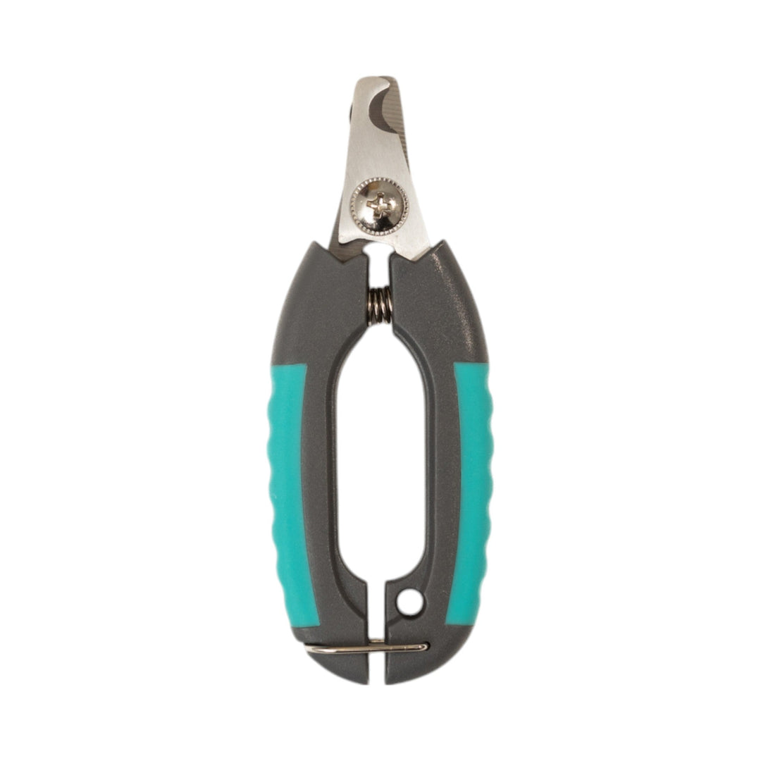 Pet nail clippers with teal grip pads and stainless blades
