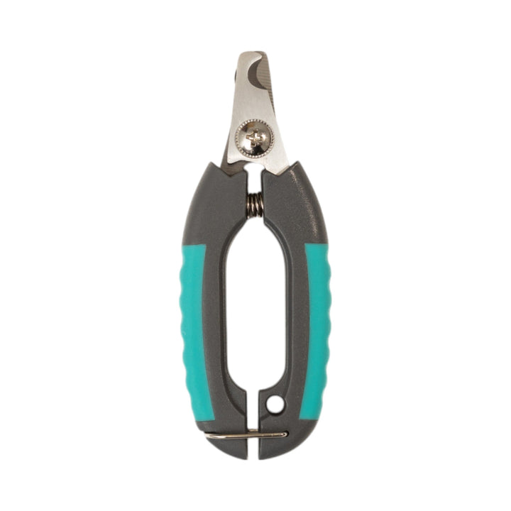 Pet nail clippers with teal grip pads and stainless blades