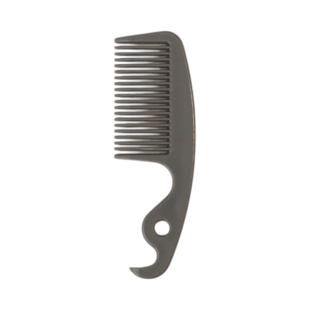 Pet grooming comb with rounded handle and fine teeth, teal accents