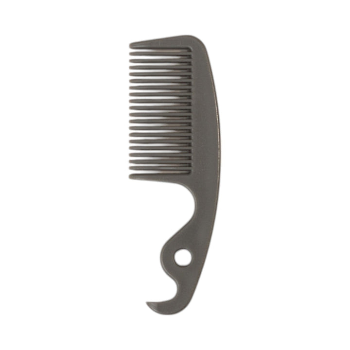 Pet grooming comb with rounded handle and fine teeth, teal accents