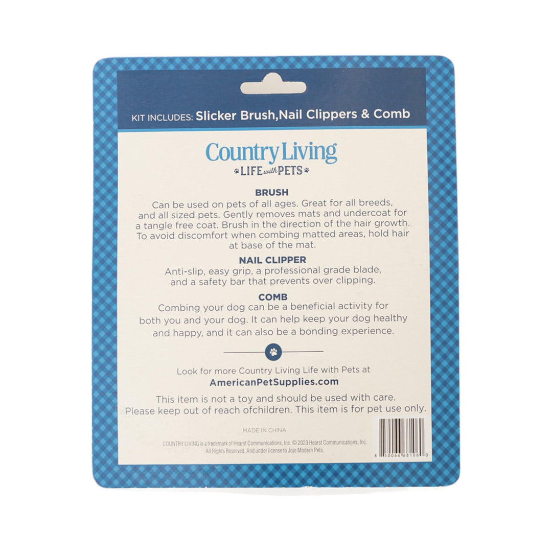 CountryLiving pet grooming kit in blister pack with brush, clippers, and comb