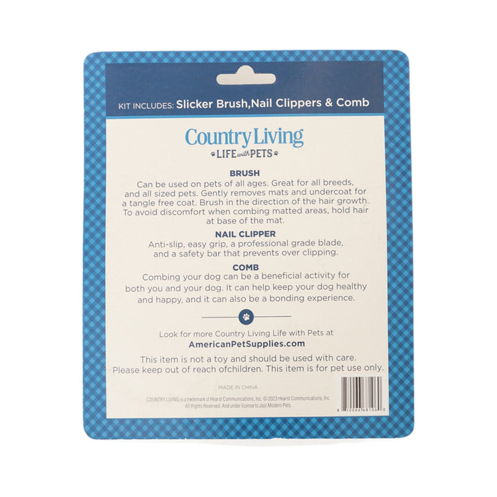 CountryLiving pet grooming kit in blister pack with brush, clippers, and comb
