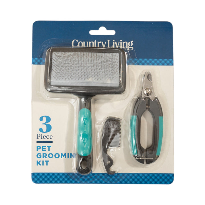 Pet grooming kit with slicker brush, nail clippers, and comb, teal and black