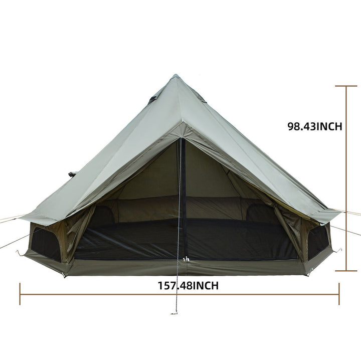 Oxford bell tent with light beige rainfly and dark interior canopy, with size diagram.