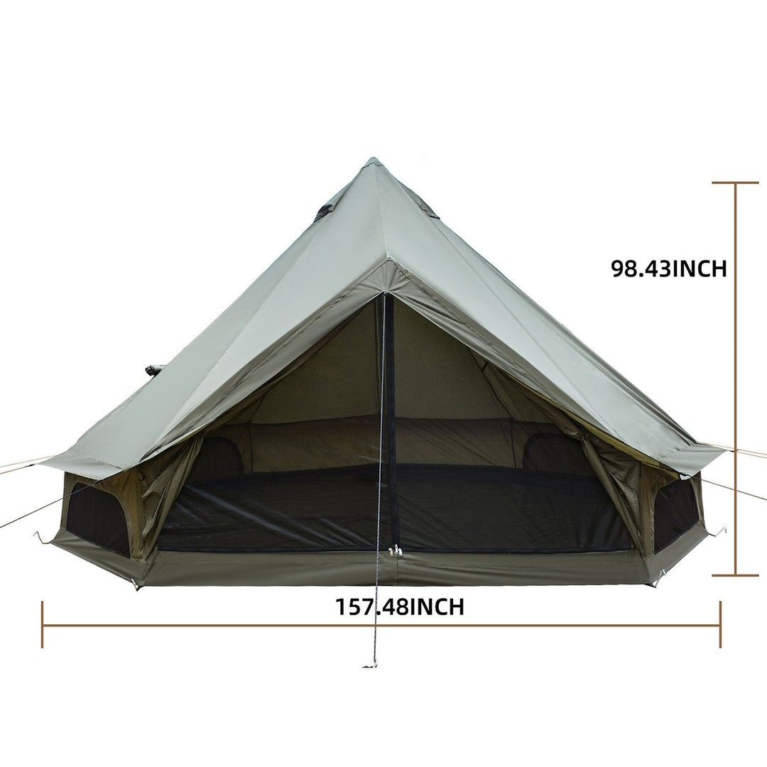 Beige bell tent with open entrance and center pole; interior shown under peak