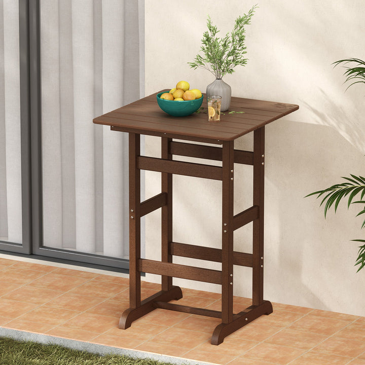 Brown square bar table with slatted tabletop and cross-braced legs