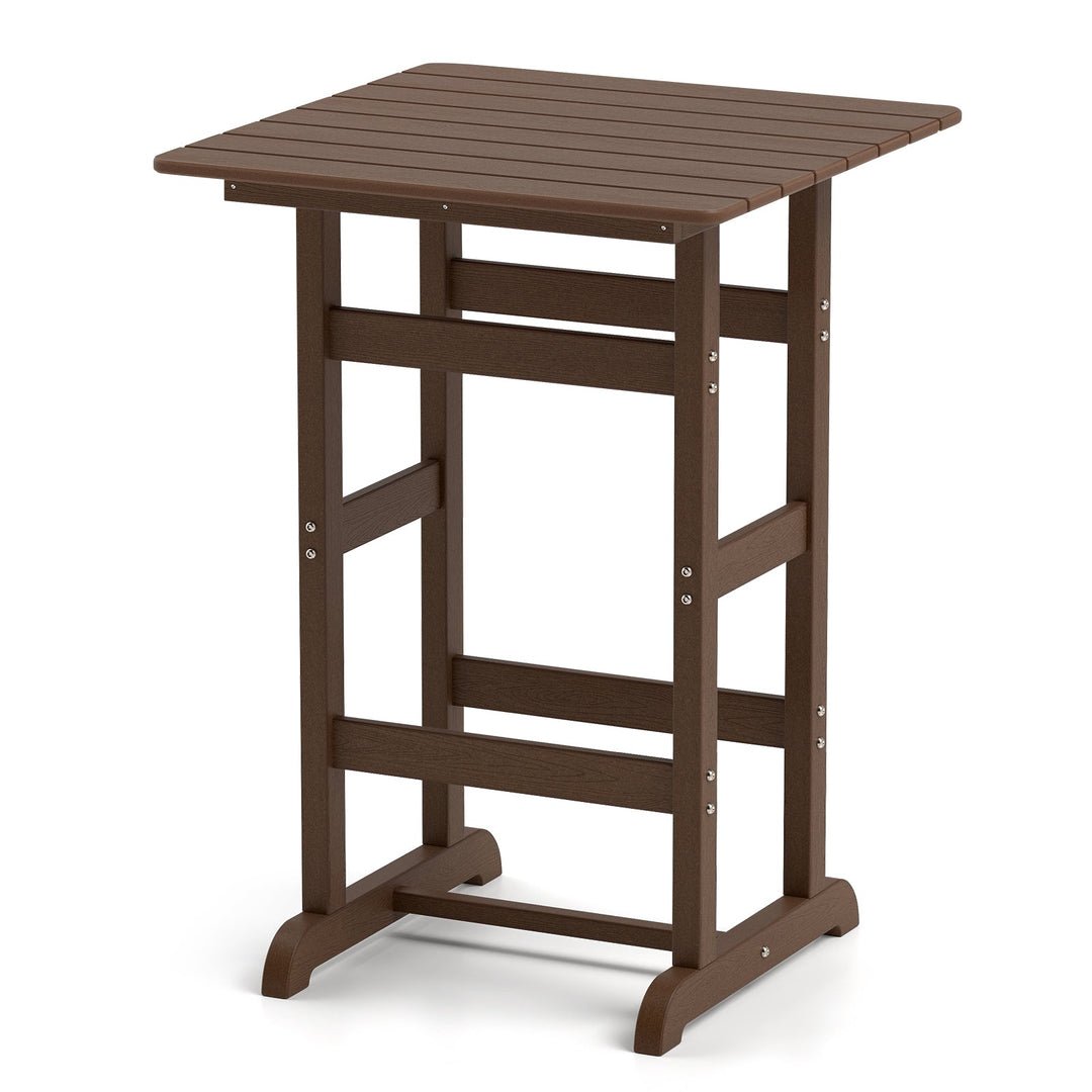 Square bar table with slatted tabletop and dark brown frame