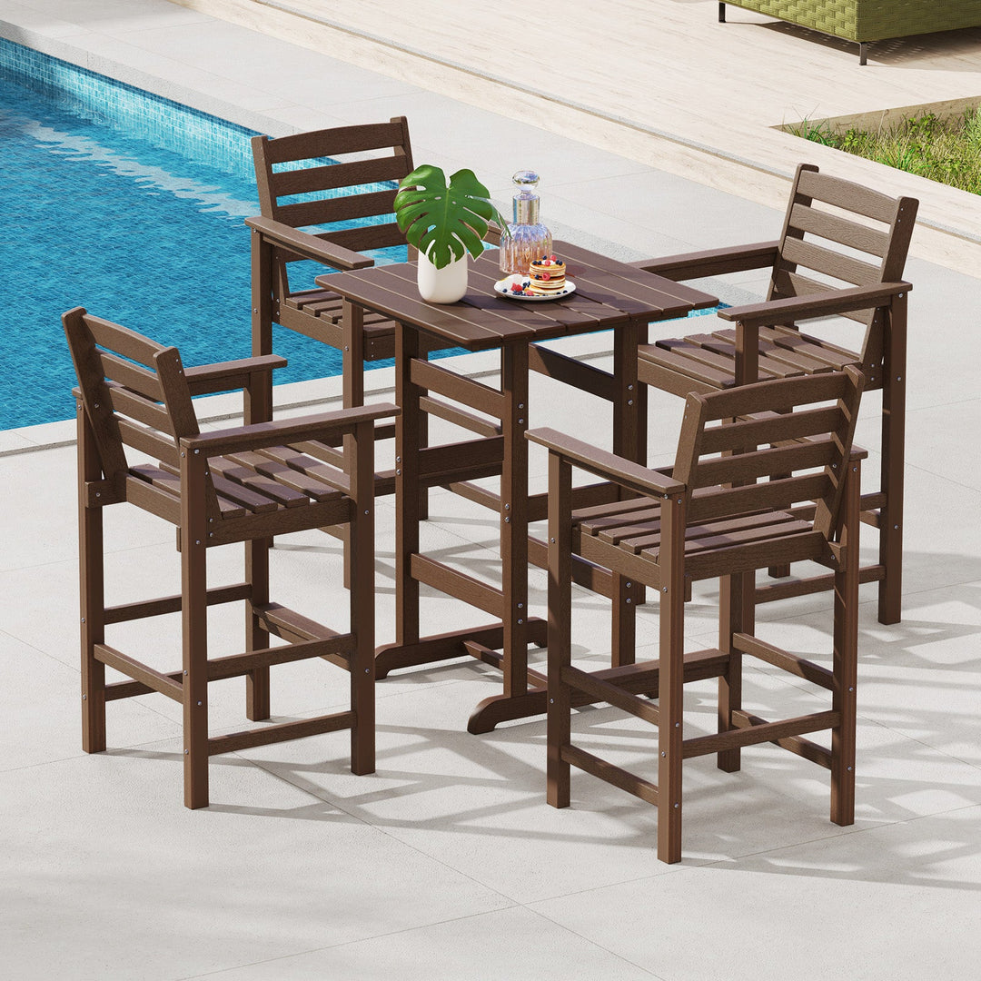 Outdoor square bar table with slatted top and cross-braced support frame