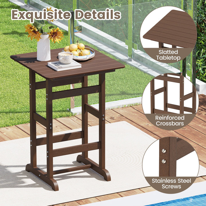 Brown square bar table with slatted tabletop and reinforced crossbars