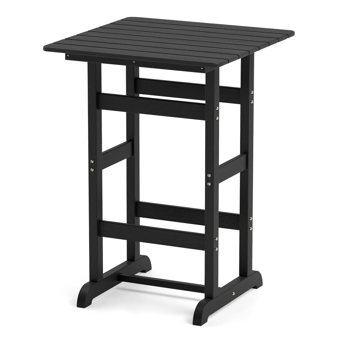 Black square bar table with slatted tabletop and cross-braced legs
